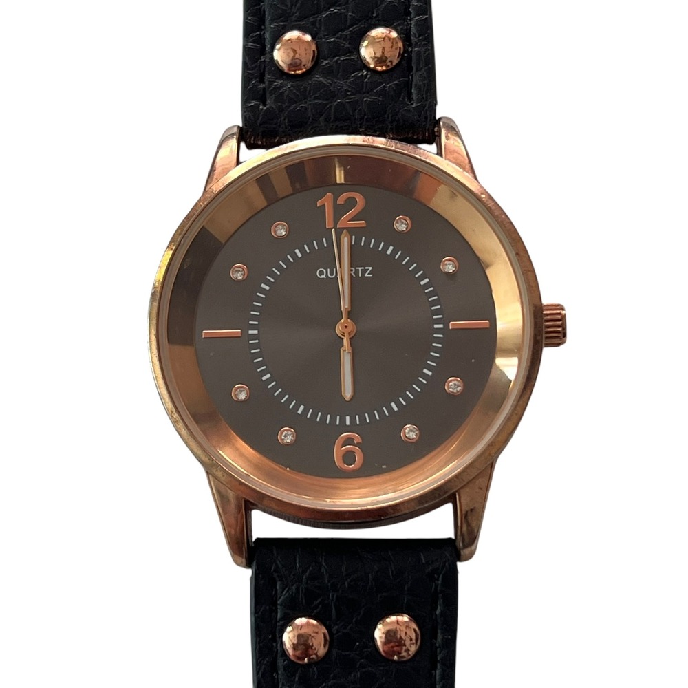 Quartz Watch Rhinestone Accent Markers Black Band Rose Gold Tone‎ Bezel